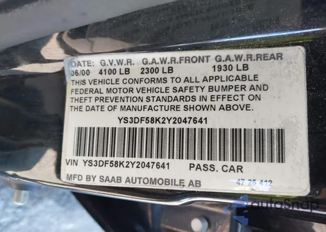 2000 Saab 9-3 Se из США, поврежденный, VIN YS3DF58K2Y2047641